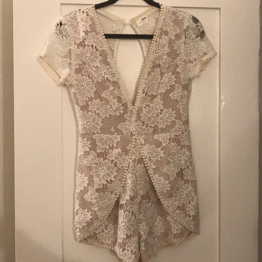LF white lace open back romper